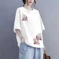 Faionable Loose ort Sve T-irt Women's Casual Sle round Ne Plant Floral Patterned Top Age-Defng Summer Wear