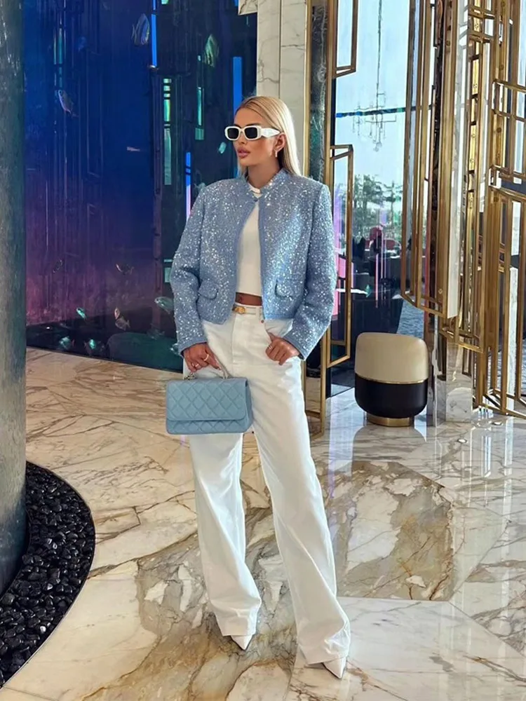 

Женская короткая куртка с длинным рукавом, повседневная синяя куртка с круглым вырезом и блестками, осень 2024