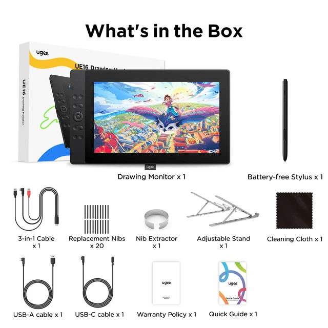 UE16 Drawing Graphics Pen Tablet Monitor 16K Pressure Levels 15.4 inch 10 Shortcut Keys for Windows Mac Android 6