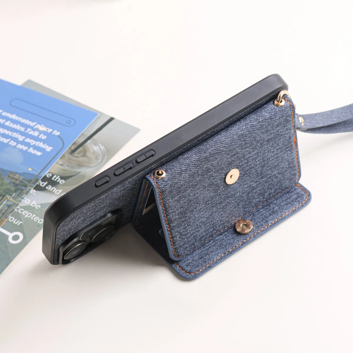 Denim Textured TPU+PU Leather Case with Rope Hanging Mirror Card