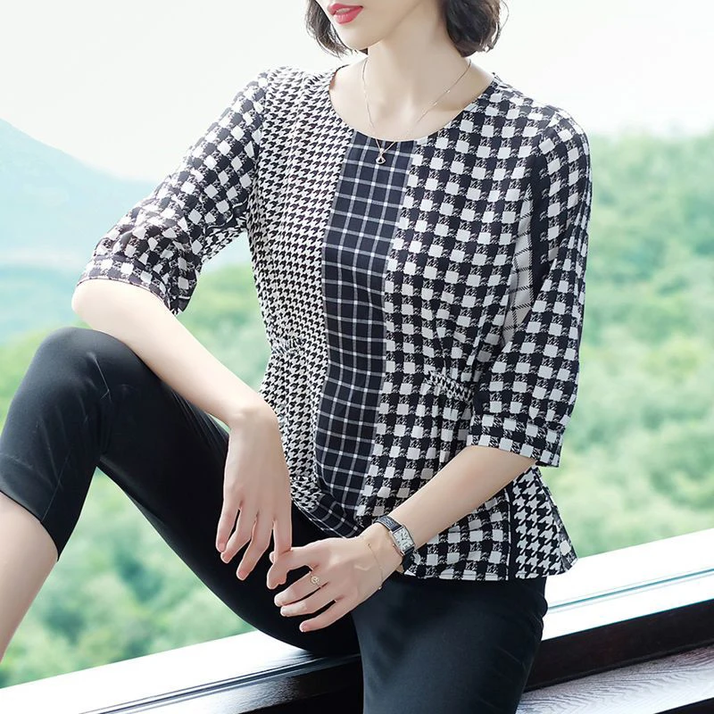 Summer New Vintage Plaid Patchwork Casual Blouse Female Shirring Lace Up Half Sleep Pullover Tops Women Fashion Chiffon Shirt