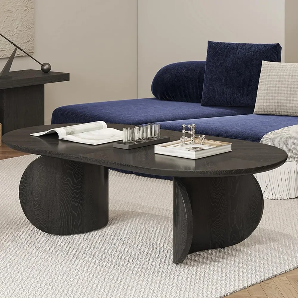 Oval Coffee Table, Solid Wood Coffee Table Simple Design, Farmhouse Black Coffee Table for Living Bedroom -51.2" x 27.6" x 15.6" 4