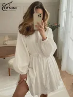 Oymimi Elegant Beige Cotton Womens Dresses Fashion V-Neck Long Sleeve Lace-Up Dresses Casual Loose Pleated Mini Dress Streetwear - Image 3