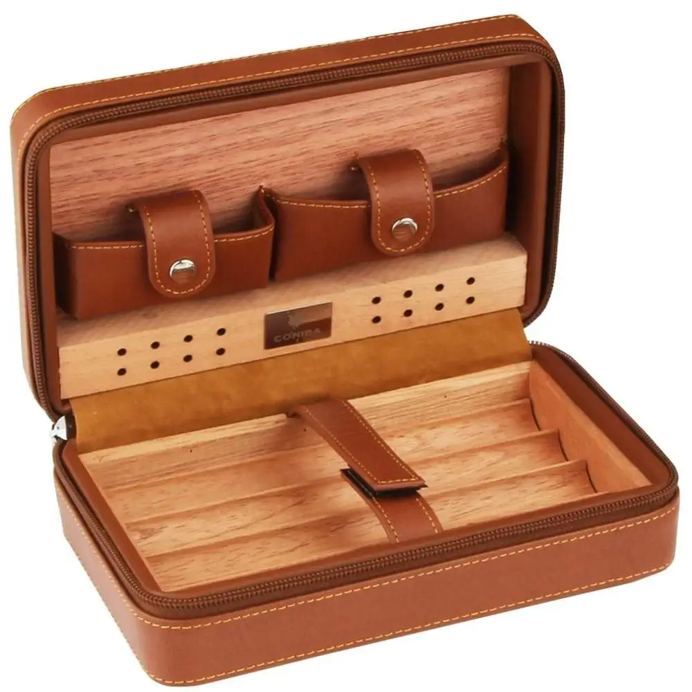 

FOCUS Portable Cedar Wood Cigar Humidor Box Travel Leather Cigar Case Storage 4 Cigars Box Humidor Humidifier For Sigar