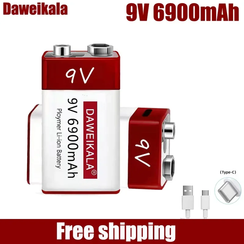 9V 6900mah lithium ion rechargeable battery type-C USB multimeter lithium microphone metal detector + cable
