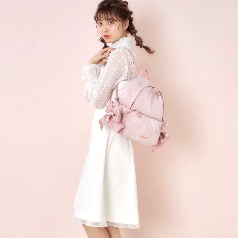 Sweet Cute Casual Girlish Heart Cute Bowknot Mesh Backpack Japanese Style Students Schoolbag Commute Shoulder Women's Bags 4