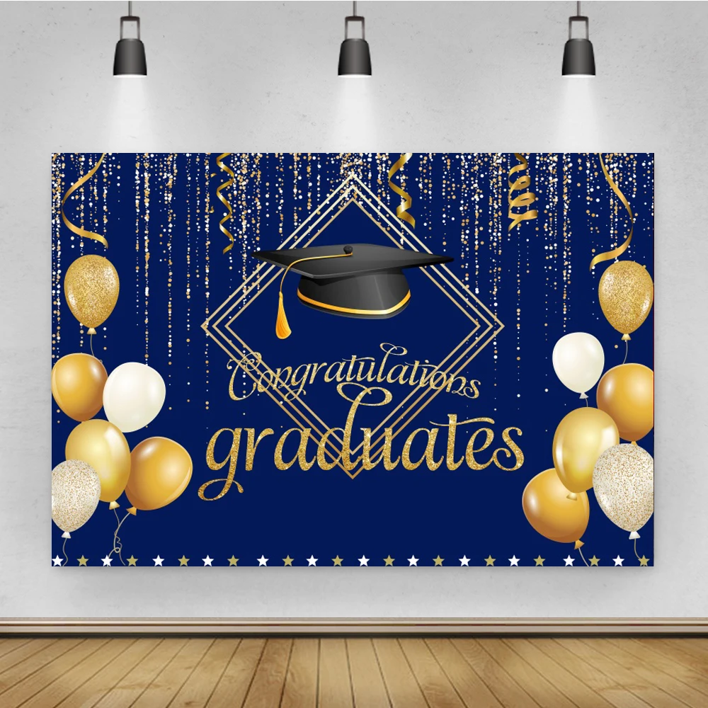 Congratulations Graduation Party Decor Poster Gold Balloon Ribbons Black Photography Backdrop Vinyl Background