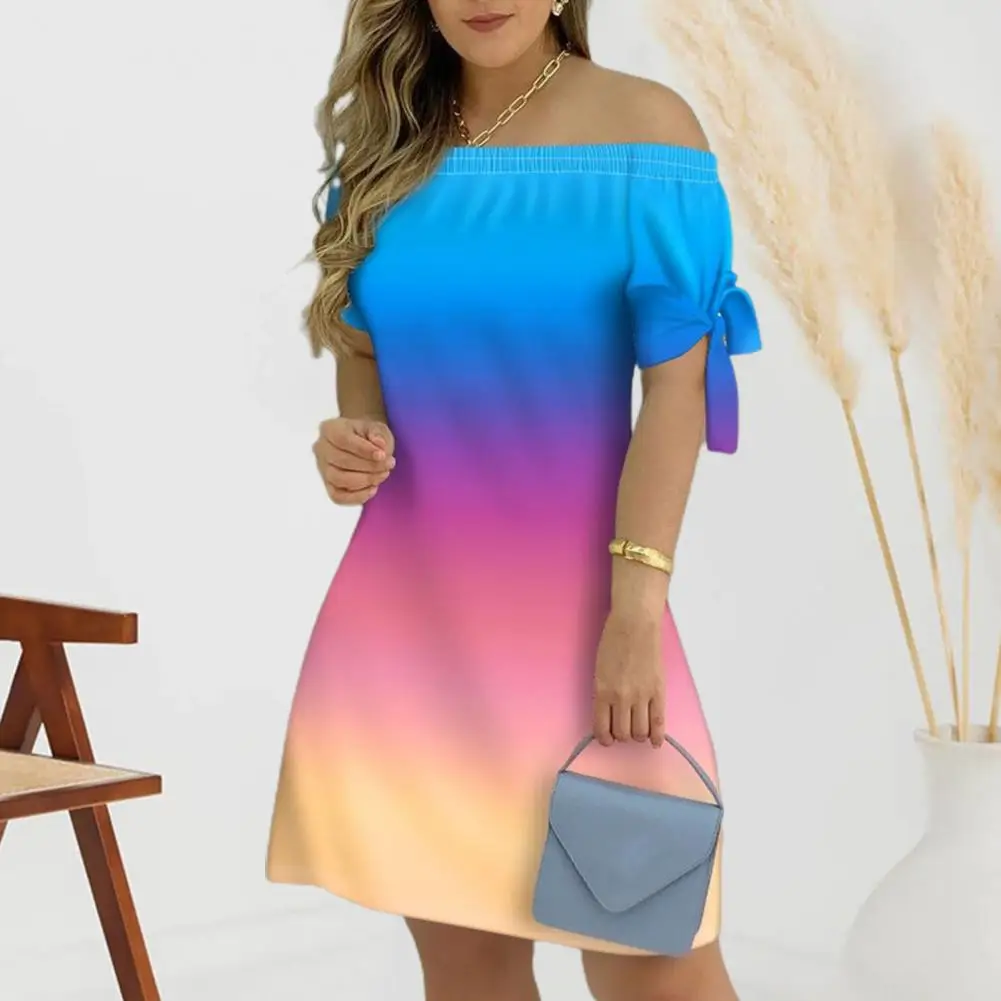

Beach Dress Chic Shoulderless Plaid Printing Rich Colors Women Dress Women Garment Lady Mini Dress Women Party Dress