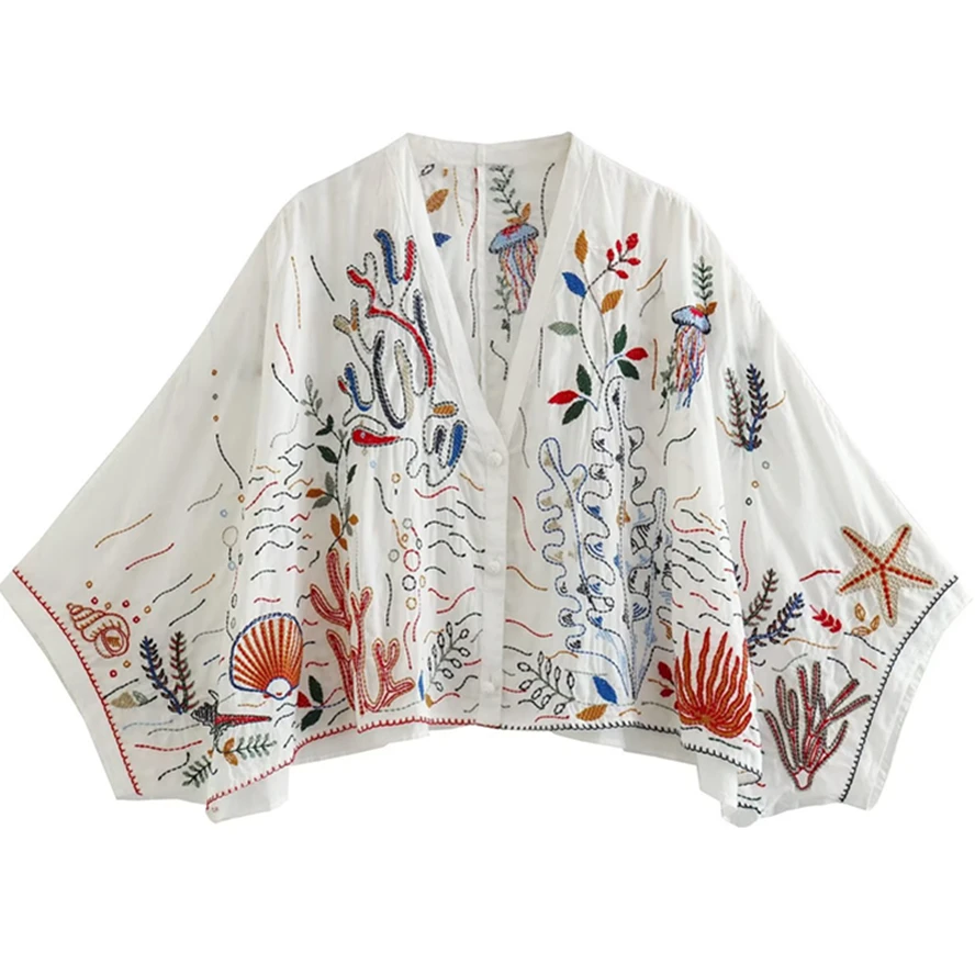 Withered Moroccan Bohemia Retro Cotton Top Women Blouse Bat Sleeve Loose Kimono Embroidered Shirt