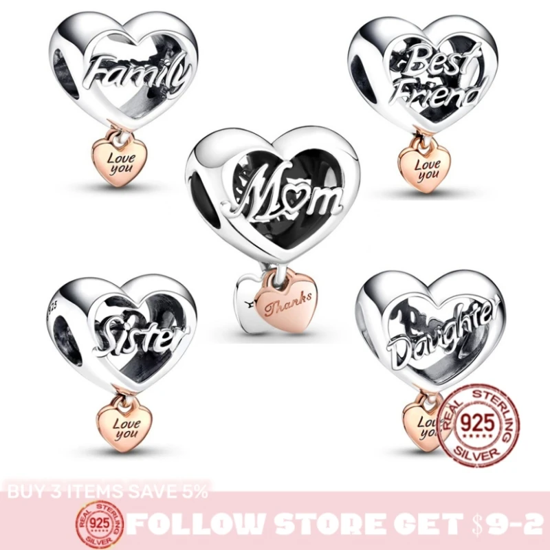 

Silver 925 Love Series Pendant Family Mother Daughter Friend Heart Shaped Charm Beads for Women Original Pandora Bracelet Beads