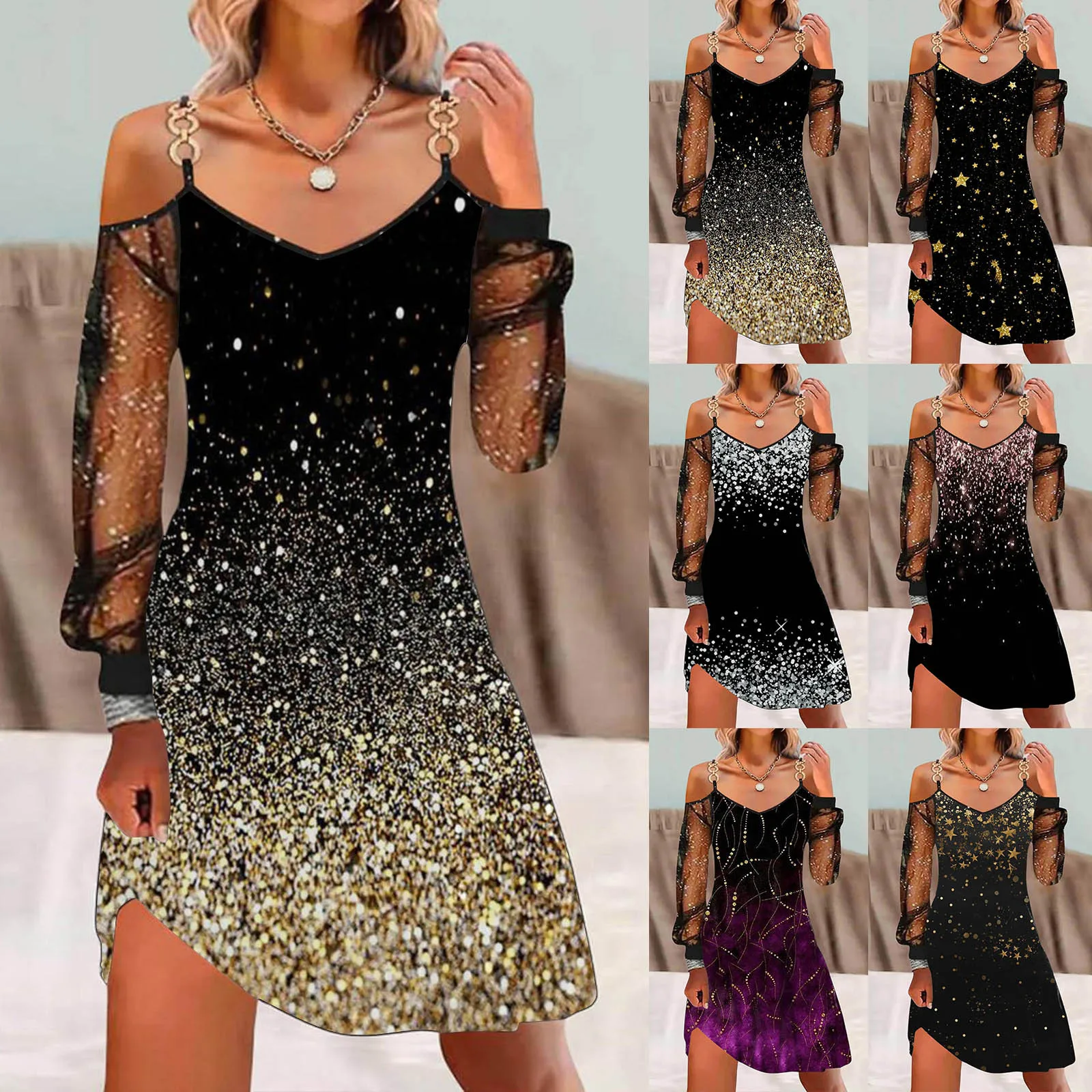 

Women Dress Fashionable V Neck Printed Spliced Mesh Dress Color Womens Dress