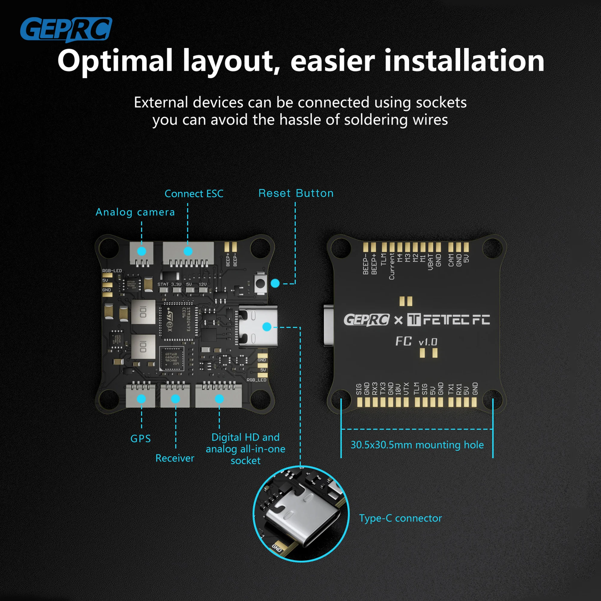 GEPRC Fettec G4 Alpha GF50A FPV Stack G473 Flight Controller FETTEC S2M Dshot2400 GF50A 4IN1 ESC for FPV Freestyle Drone Model thumbnail 3