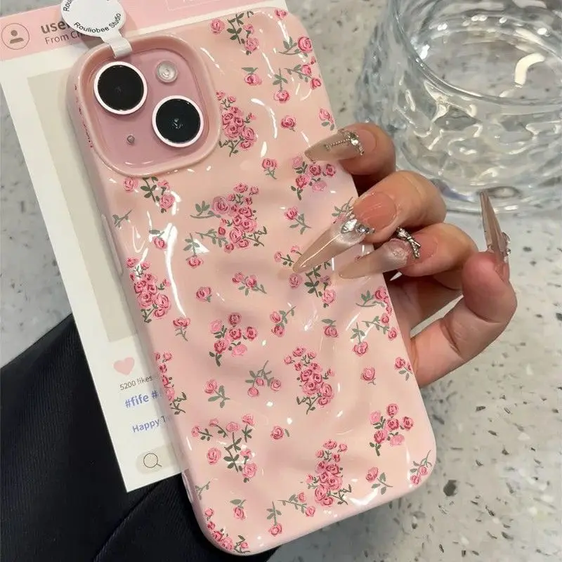 Elegant Pink Floral Pattern Shockproof TPU Phone Case with Textured Soft Cover