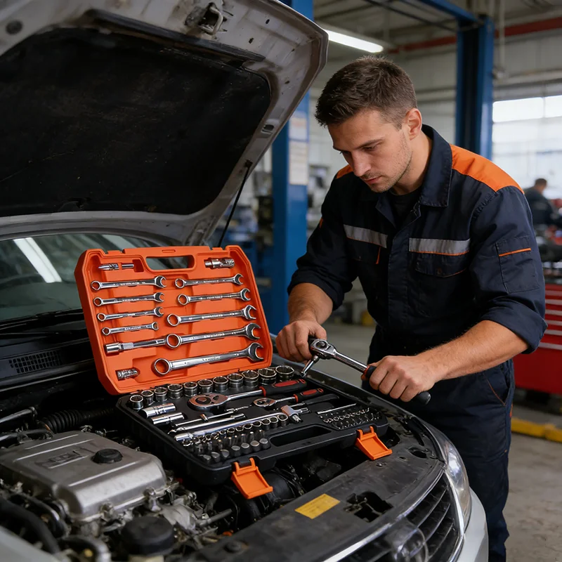 82-teiliges Gabelschlüssel-Set für Autoreparaturen, Schnellverschluss-Ratschenschlüssel-Kombination, Multifunktionales Steckschlüssel-Set, OEM-Hartschalenkoffer – Detail 7