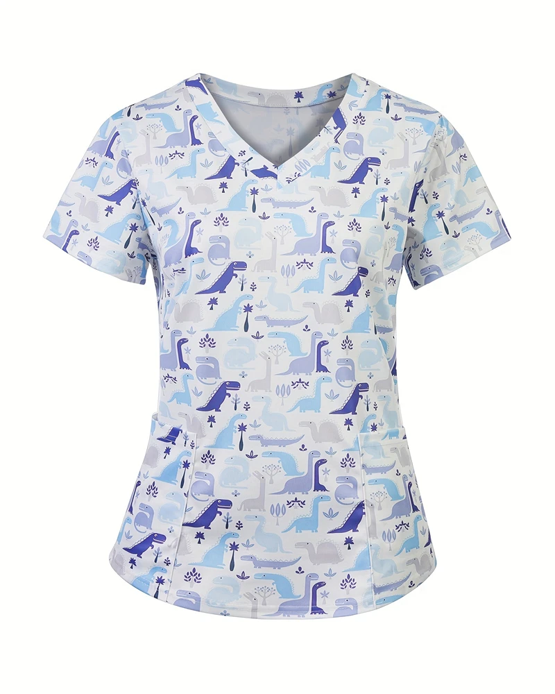 

Women's Cute Animal Print Short sleeve Nurse Uniform Functional Patched Pockets V-neck Women's Work Uniform