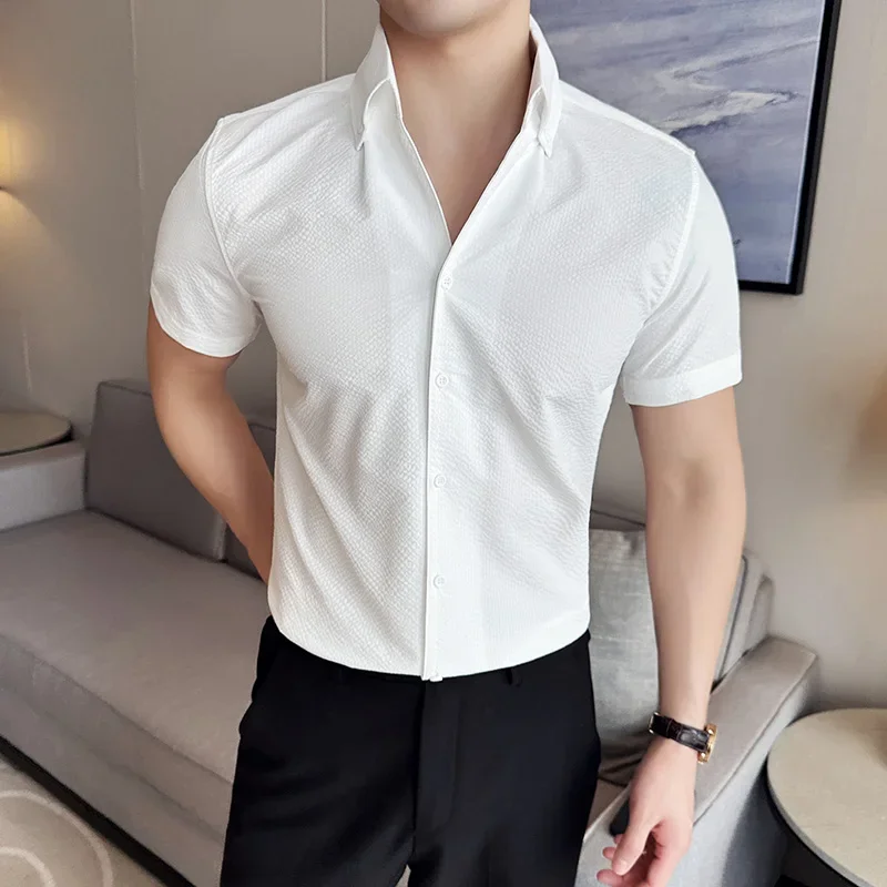 

Summer Short Sleeve Shirts For Men British Style High Quality Business Casual V Neck Men's Social Shirt Dress Slim Fit Work Wear