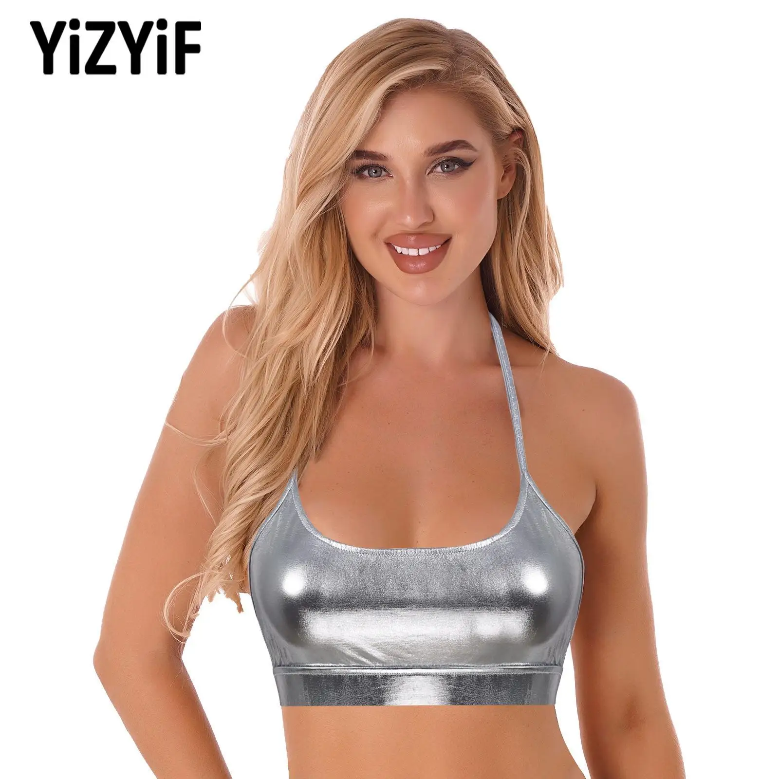 

Women Sexy Shiny Metallic Running Vest Tops Yoga Sportswear Spaghetti Straps Sleeveless Open Back Sport Bra Workout Gym Vest Top