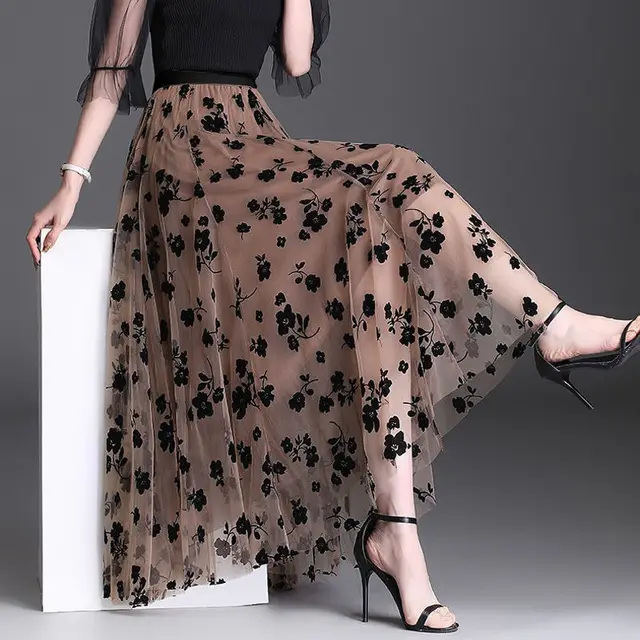 Mesh floral skirts for women spring autumn long skirt gauze high waisted grace fashion puff skirts