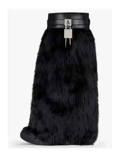 

Winter Women Black Beige Fox Fur Metal Shark Lock Round Toe Slip On Knee High Warming Wedges Boots Belt Buckle Pants Boots