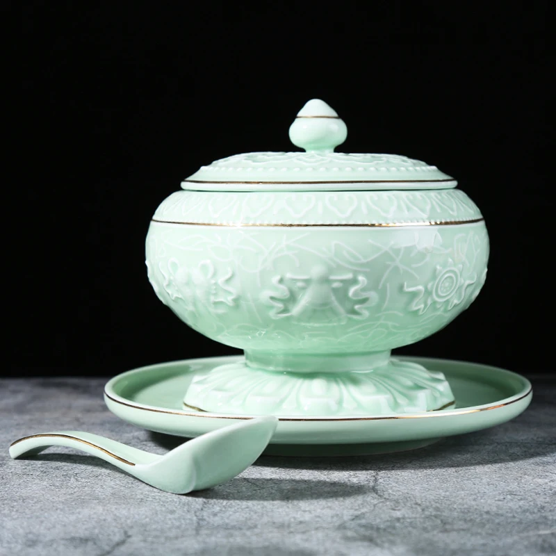 

Chinese Relief Ceramic Stew Cup Ceramic Longquan Celadon Soup Bowl Home Tableware Vintage Dessert Stew Bowls Bird's Nest Cups