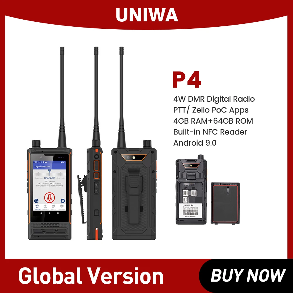 UNIWA P4 Smartphone MT6762 4G 64G IP68 Waterproof Cellphone 4W DMR Analog Walkie Talkie Octa Core Mobile Phone 3000mAh Android 9