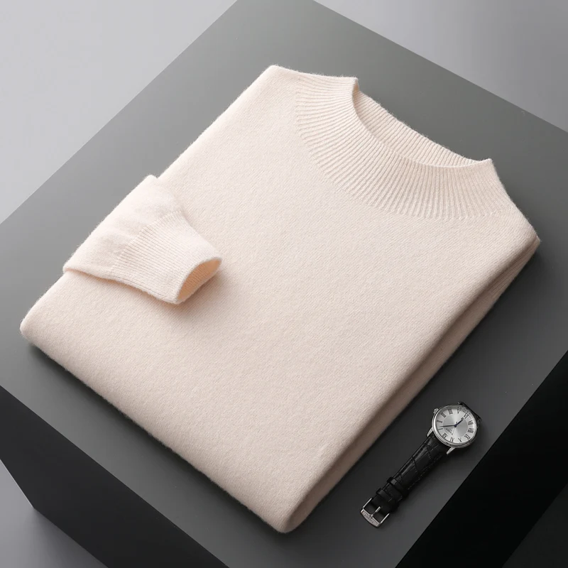 Autumn and winter new men's 100% beautiful slave pure wool semi-high collar solid color knitted business cashmere sweater top