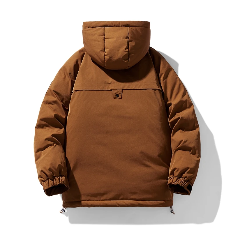 Men's Winter Tooling Outdoor Hooded Large Pocket Jacket Parkas Unisex Cotton-Padded Jacket Thick Warm Solid Color Windbreaker