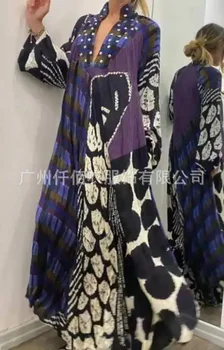 Abito a vita larga da donna manica intera casual una linea lunga scollo a V abiti stampa tasche giuntura autunno inverno 2025 maxi abiti 1