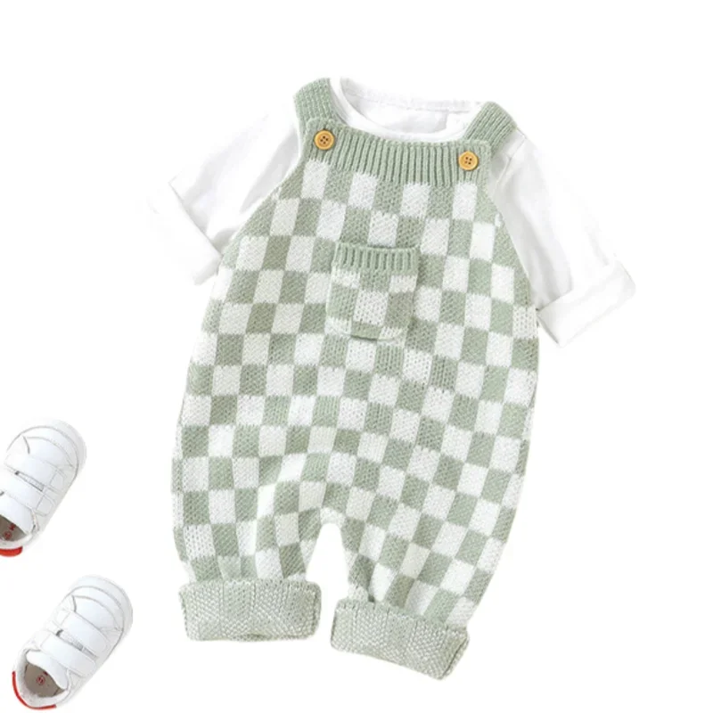 Soft Knitted Checkerboard Baby Romper Overalls for Autumn