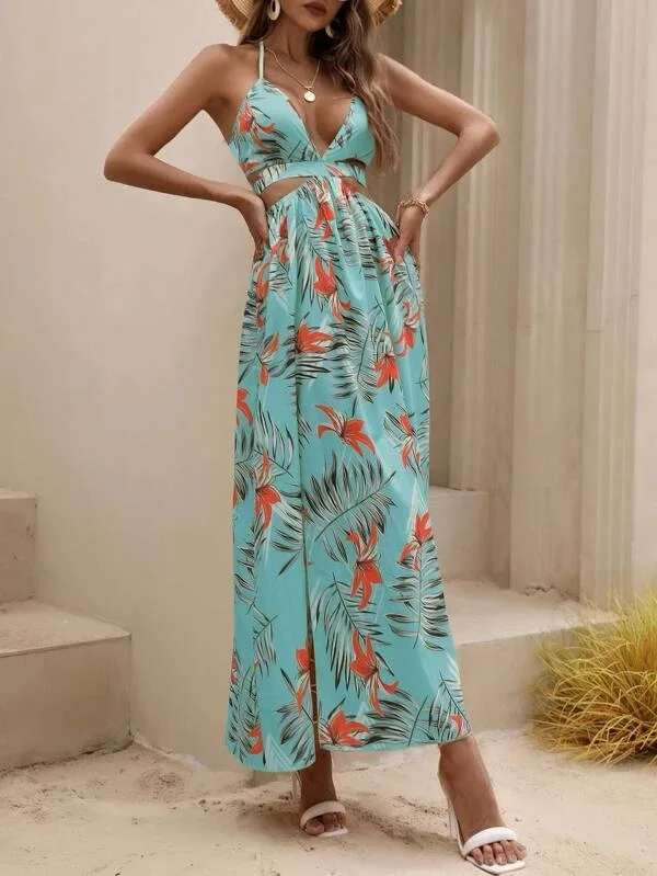 Print Halter Neck Slit Dresses Women Sexy Deep V-neck Hollow Out Backless Bowknot Leace-up Long Dress Female Streetwear Vestidos 9 undefined