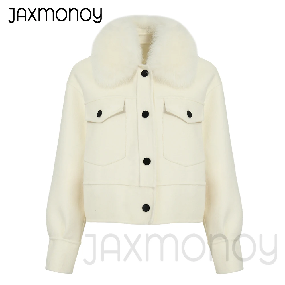 

Jaxmonoy Woman Coats Spring Short Wool Jacket with Real Fur Collar Ladies Autumn Winter Fashion Warm Overcoat Female New Arrival