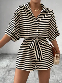 Summer New Set For Women's Casual Loose Comfortable Outfit Fashion Striped Batwing Sleeve Shirt Top+ Shorts 2-piece Sets Woman 1