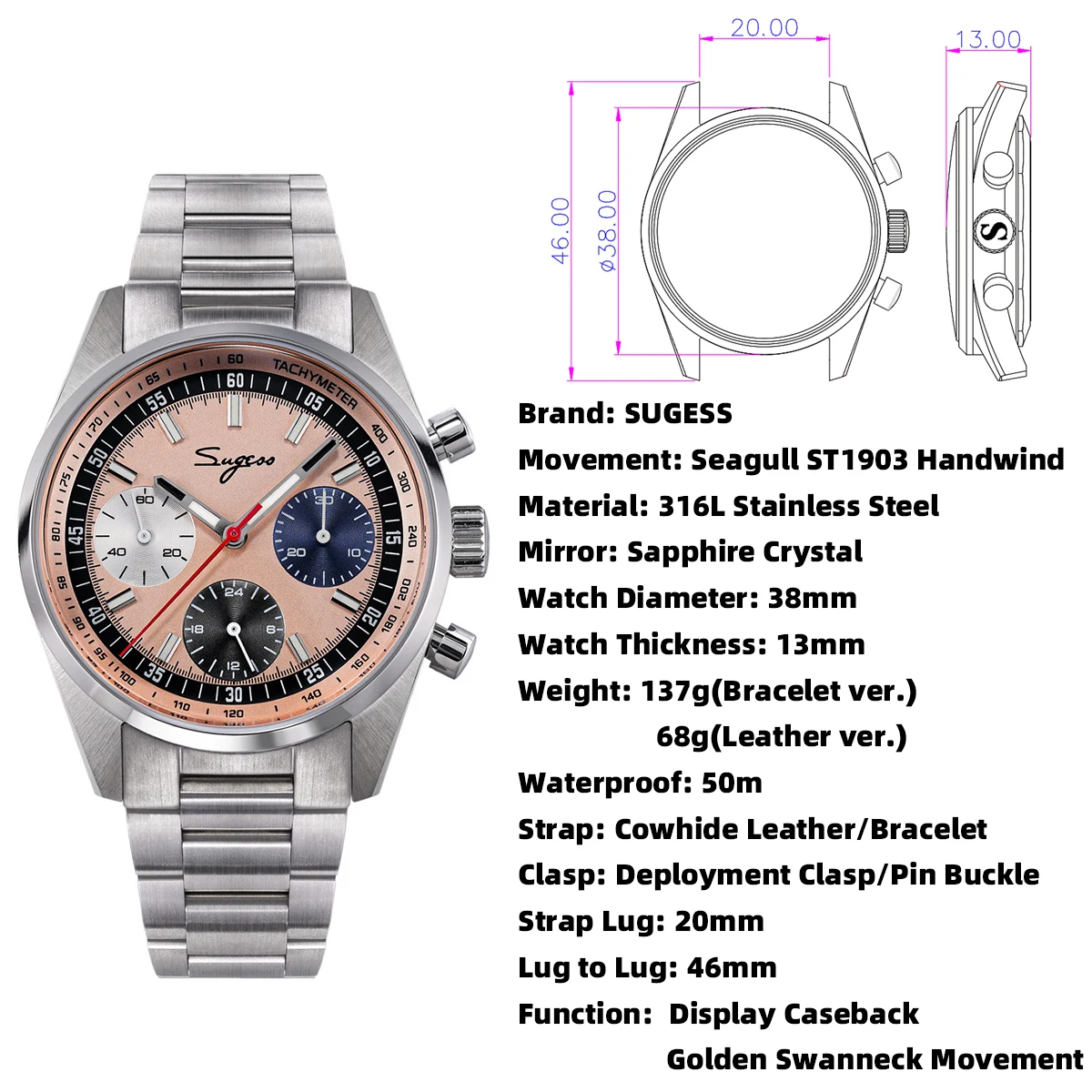 Sugess Mens Watch 38mm Chronograph Mechanical Wristwatches Tianjin Gooseneck Movement Sapphire Crystal Roulette Dial S465 new S753178ccbf454141ba7e4723b9cc8ef5x