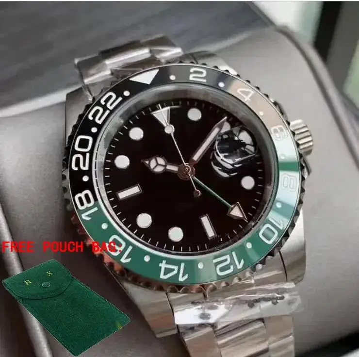 

Luxury New Men Automatic Mechanical Watch Stainless Steel Bracelet GMT Black Green Blue Gold Ceramic Sapphire Glass 40mm