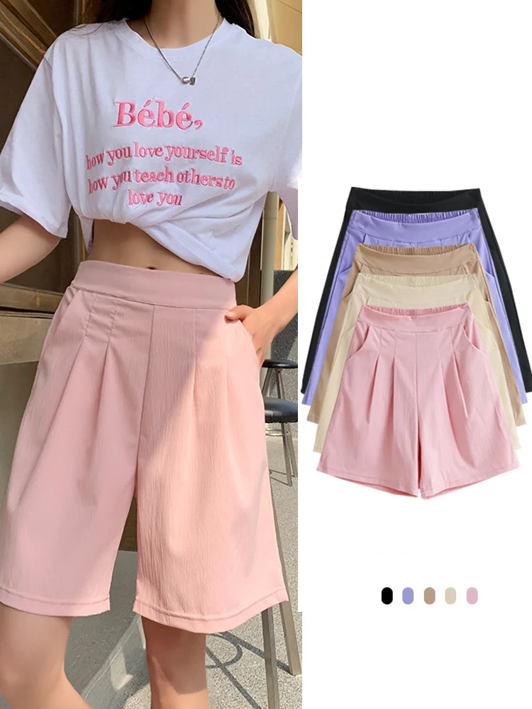 Women Shorts 2024 Summer Candy Colors Casual high waist loose half shorts for girls Soft Cool female Outwear Shorts