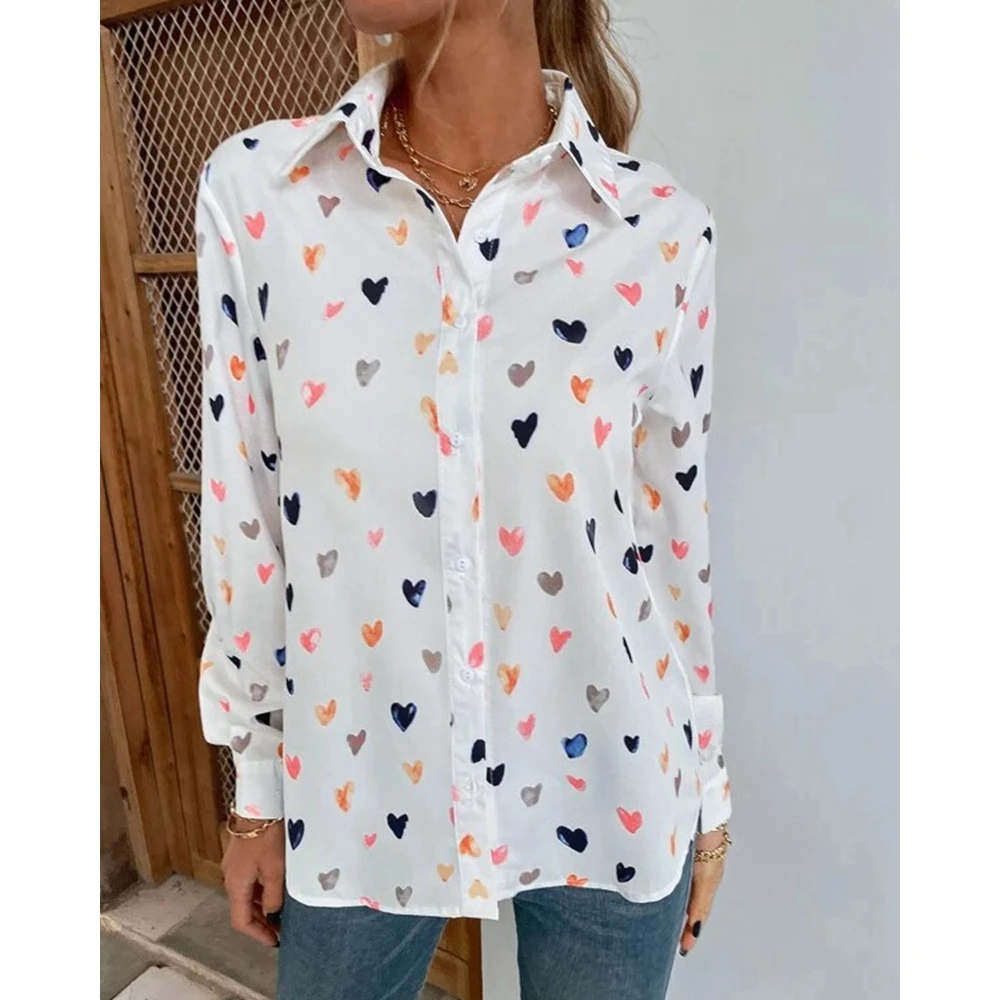 Heart Print Long Sleeve Casual Shirts for Women Buttoned Design Turn-down Collar Casual Blouse Top Elegant Spring Outwear
