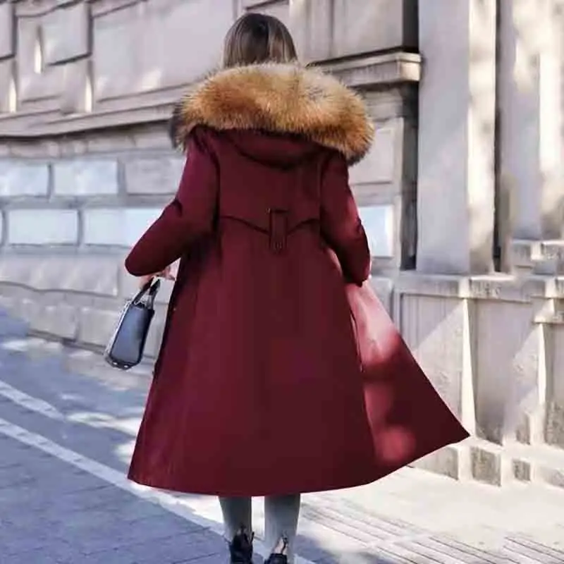 Winter New Knee-length Hooded Loose Slim Female Raccoon Fur Coat