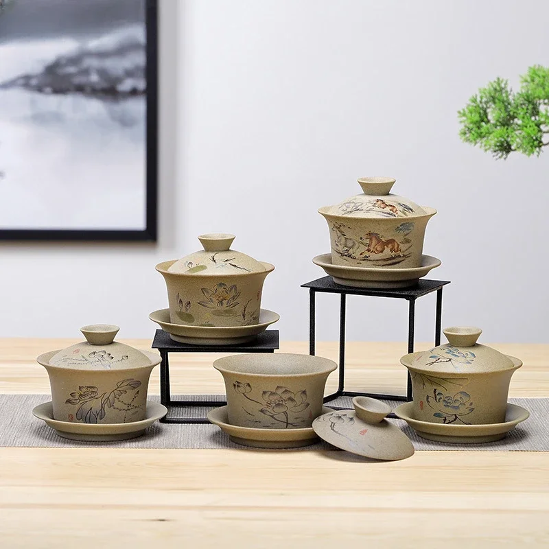 Jingdezhen ceramic Gaiwan bowl Chinese style Stoneware retro tea set Handmade Bubble tea bowl Travel Tea cup 150ml