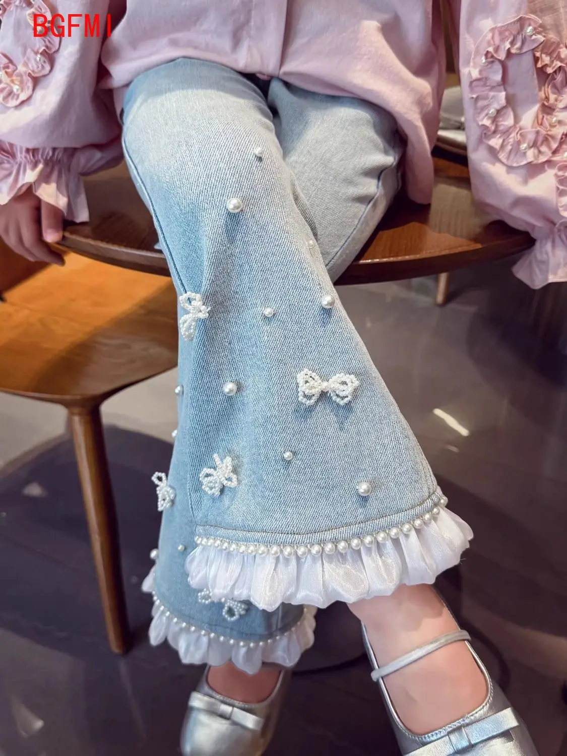 2026 봄 가을 신상 데님 트럼펫 팬츠 10대 소녀들을 위한 진주 프린지 장식 리본 청바지 5-12세 플레어 팬츠
