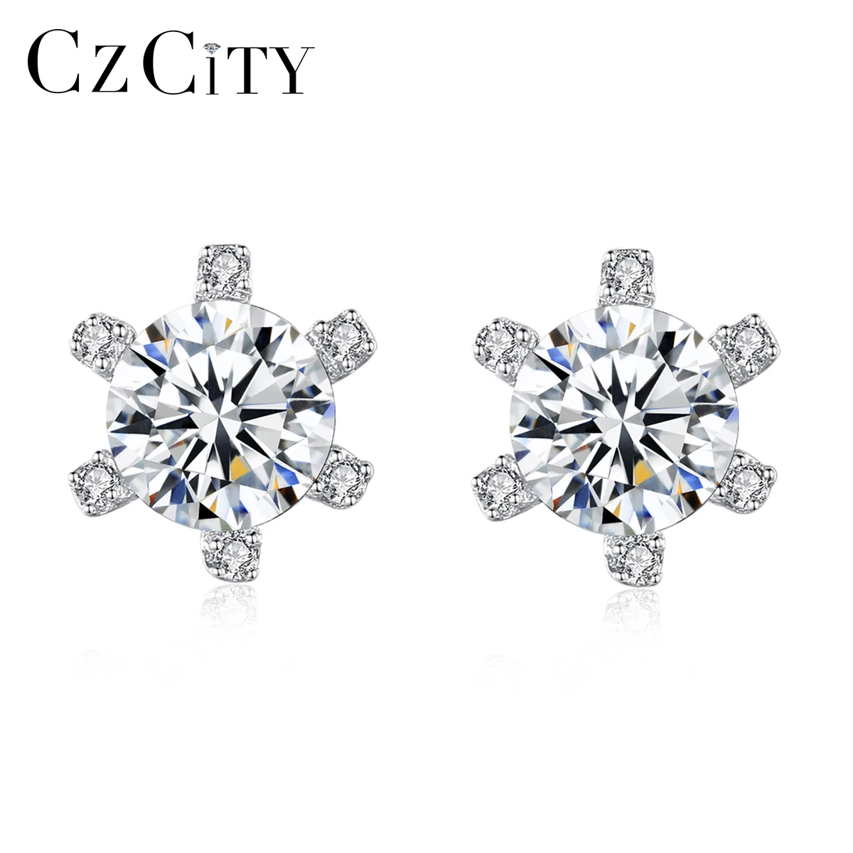 

CZCITY Round 1 Carat Moissanite Snowflake Stud Earrings for Women Wedding Engagement Fine Jewelry 925 Sterling Silver CZ Gifts
