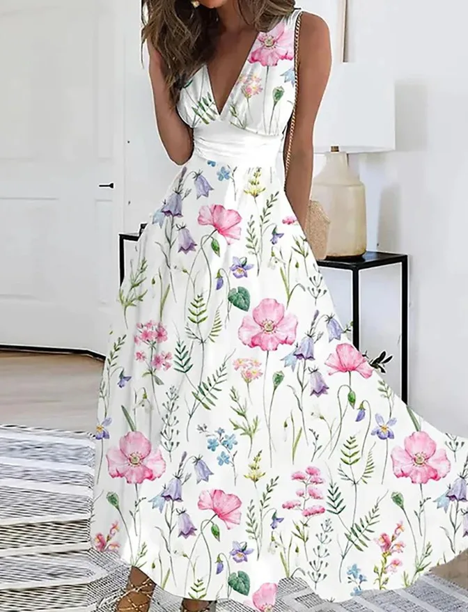 thumbnail image 1 of Vestido largo informal de verano con escote en V, sin mangas, ajustado, sexy, estampado blanco, floral, elegante, para fiestas y vacaciones, 1 of 5