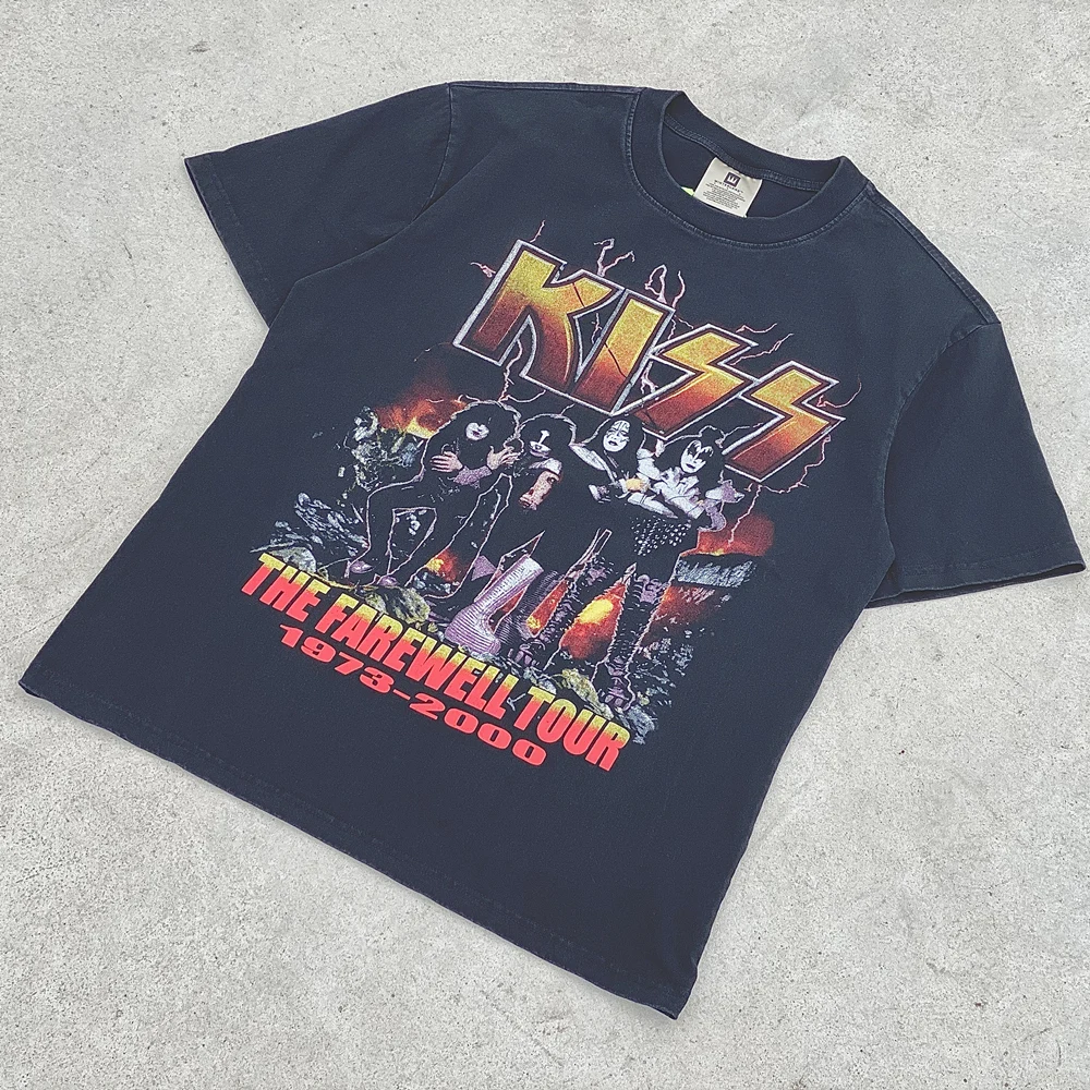 프로그 드리프트 패션 스트리트웨어 남성용, 빈티지 루즈 KISS 헤비 메탈 록 밴드 티셔츠, 오버사이즈 상의 