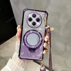 Crossbody Lanyard Anti-Shock Plating Case with Makeup Mirror Stand Cover for Poco C55 (CXJM BGS Purple)