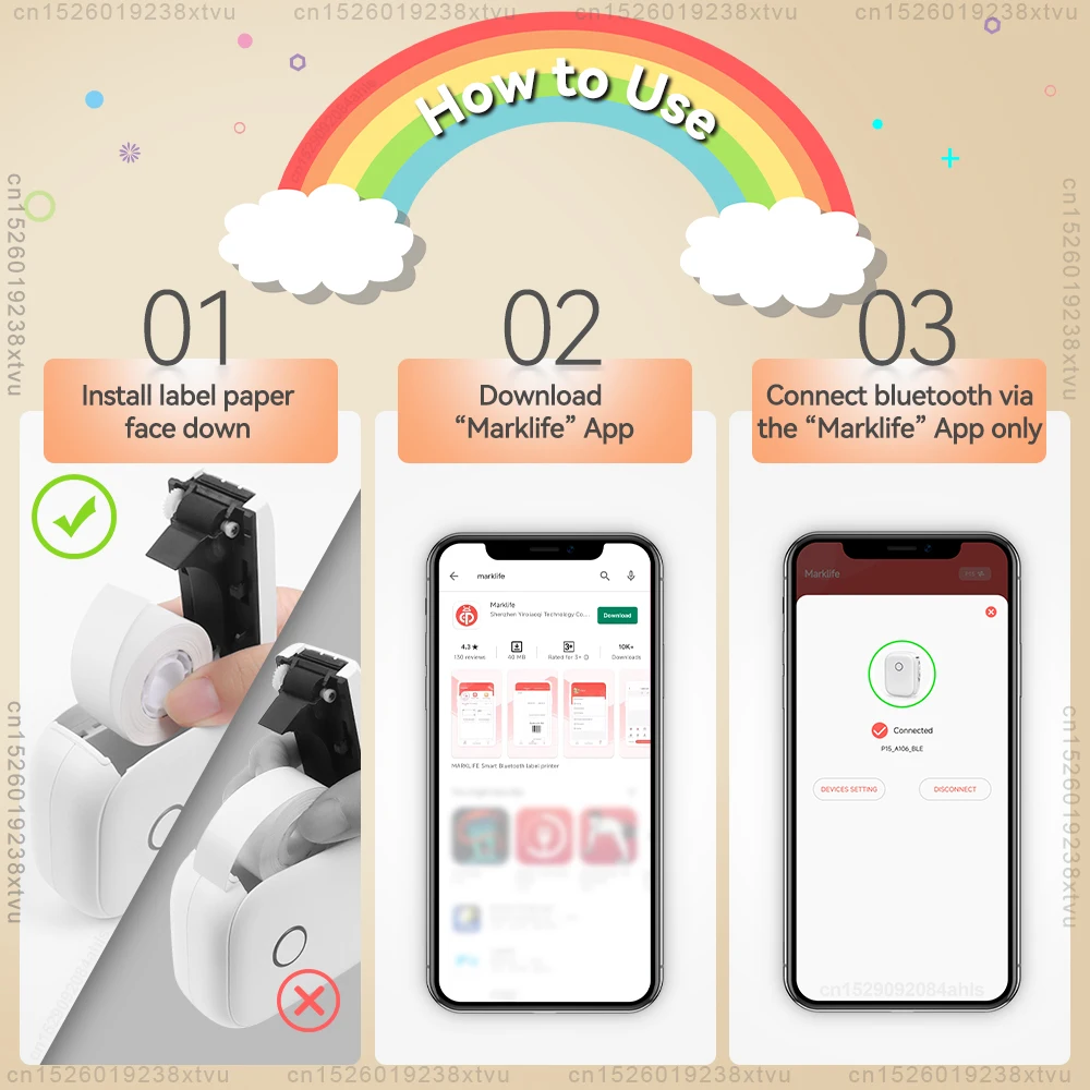 투명 연속 라벨 용지 접착 스티커, Marklife P12 프린터 호환, 흰색, 핑크, 노란색, 파란색, 15mm x 7m, 1 롤