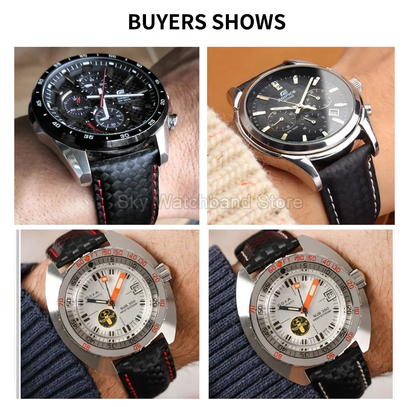 Premium Black Carbon Fiber Genuine Leather Watchband - Soft, Breathable, Lightweight, and Comfortable