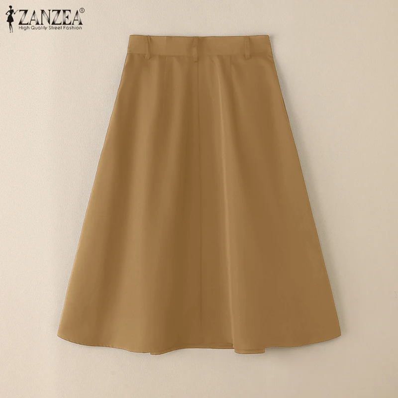 ZANZEA Summer Solid Midi Skirt Elegant Women High Waist Work OL Skirts Fashion A-line Jupes Stylish Party Faldas Saia Plus Size
