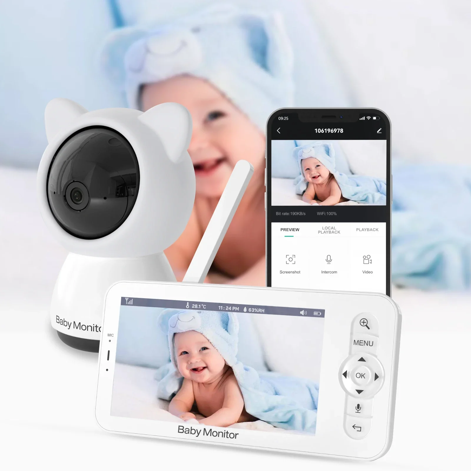 

5’’ Baby monitor with camera for mother kids baby Child camera audio nanny security-protection 355 ° PTZ two-way Video recorder