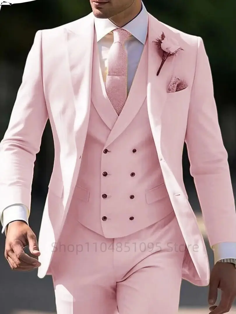Elegant 3 Piece Pink Men's Suit Slim Fit Fashion Wedding Tuxedo Formal Peak Lapel Blazer Vest Pants for Party Prom Homme Costume