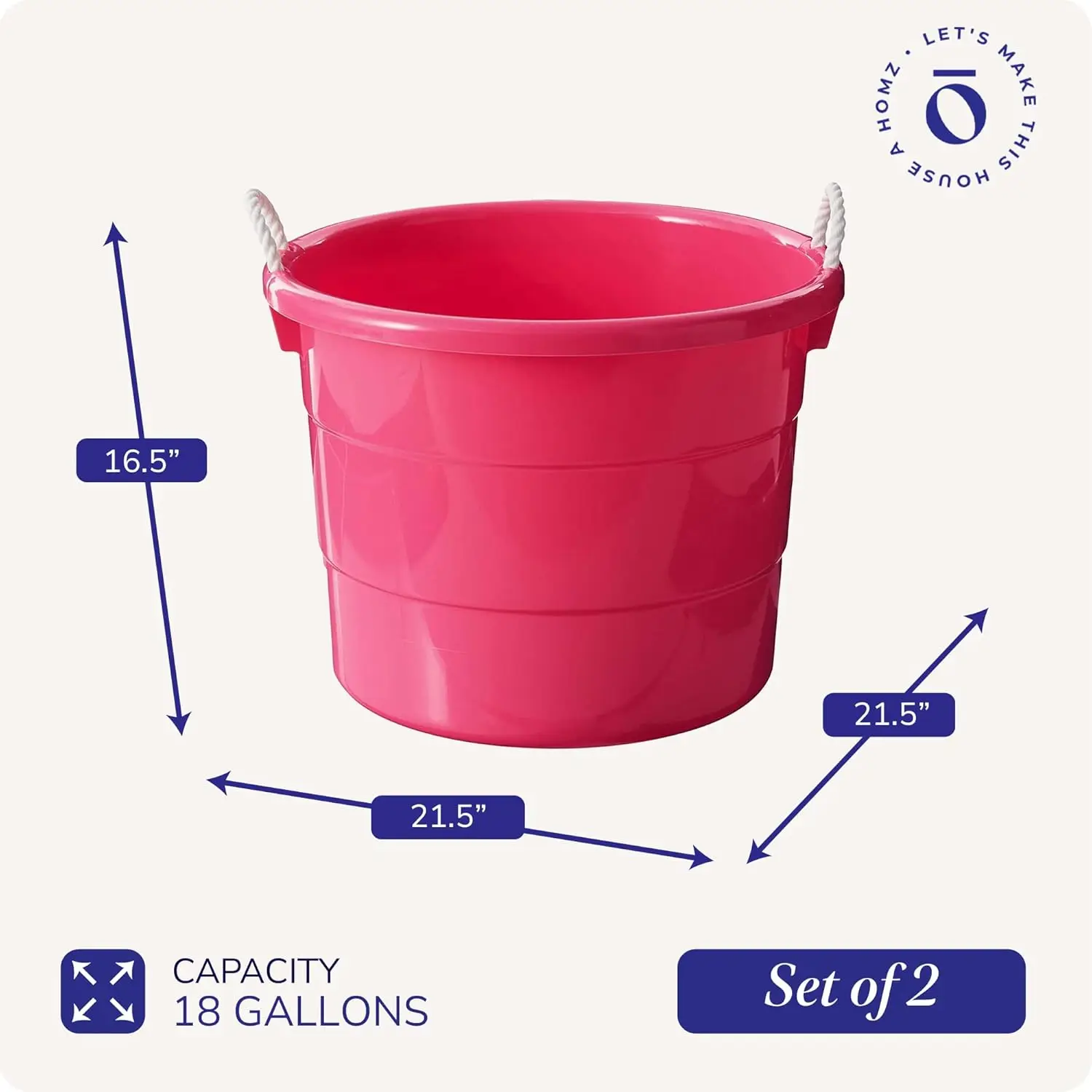 2-Pack Utility Tub, Large Plastic Storage Bucket with Rope Handles, 18 Gallon, Pink - Portable Indoor and Outdoor Buckets