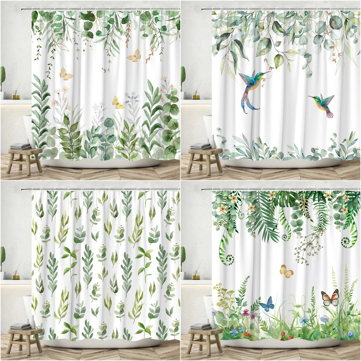 

Green Leaf Shower Curtain, Spring Flower Botanical Butterfly Bird Eureka Leaf Sunflower Lavender Farm Print Bathroom Decoration